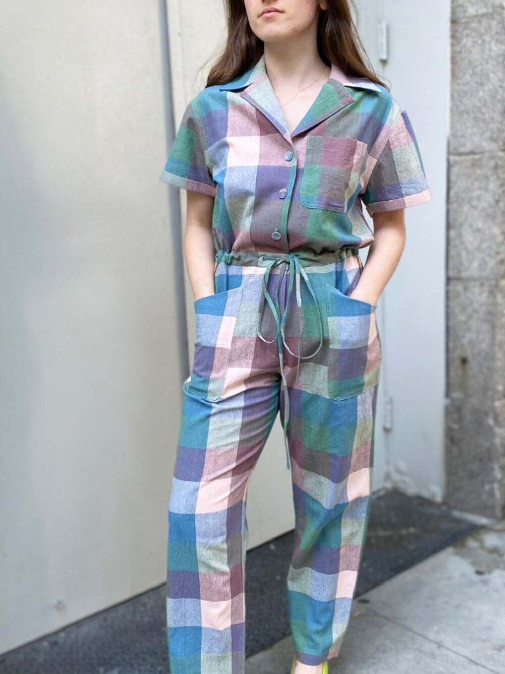 Plaid Pastel Short-Sleeve Jumpsuit - Picture 4 of 4